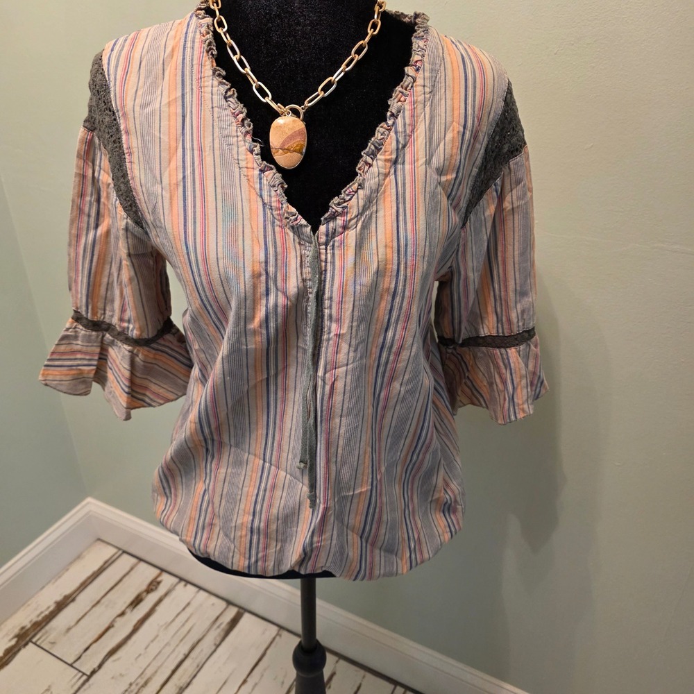 Free People Striped Boho Blouse Crochet Lace Bell Sleeve Peasant Top Size 6